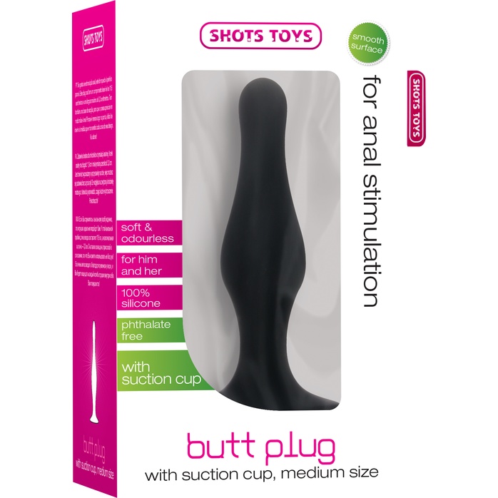 Чёрная анальная пробка с длинным кончиком Butt Plug with Suction Cup Medium - Shots Toys. Фотография 2.