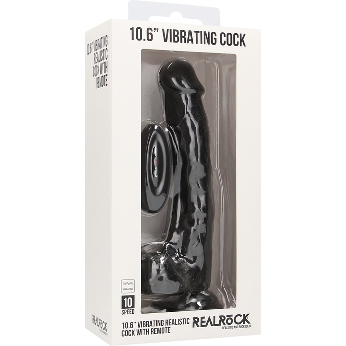 Чёрный вибратор-реалистик Vibrating Realistic Cock 10 With Scrotum - 27 см - RealRock. Фотография 2.