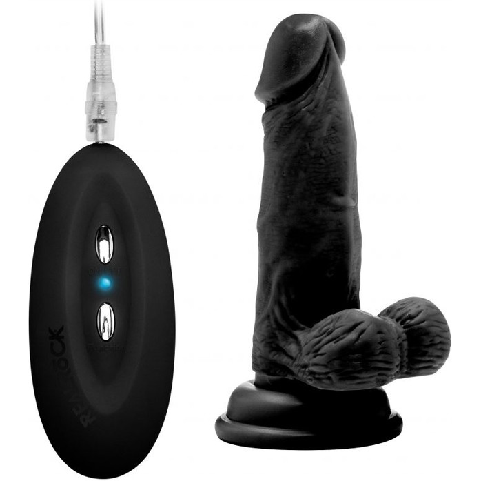Чёрный вибратор-реалистик Vibrating Realistic Cock 6 With Scrotum - 15 см - RealRock