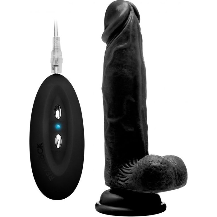 Чёрный вибратор-реалистик Vibrating Realistic Cock 8 With Scrotum - 20 см - RealRock