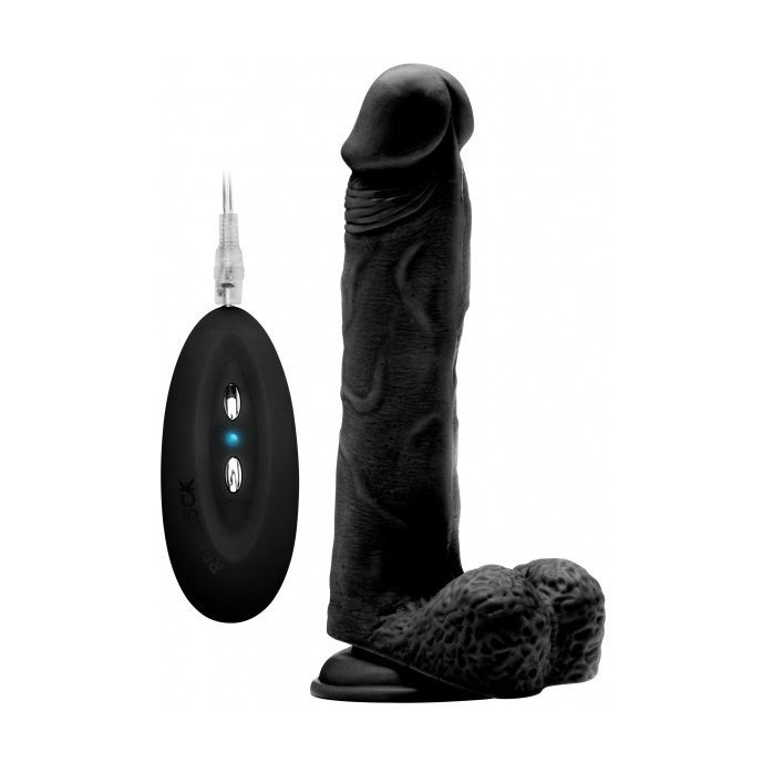 Чёрный вибратор-реалистик Vibrating Realistic Cock 9 With Scrotum - 23,5 см - RealRock