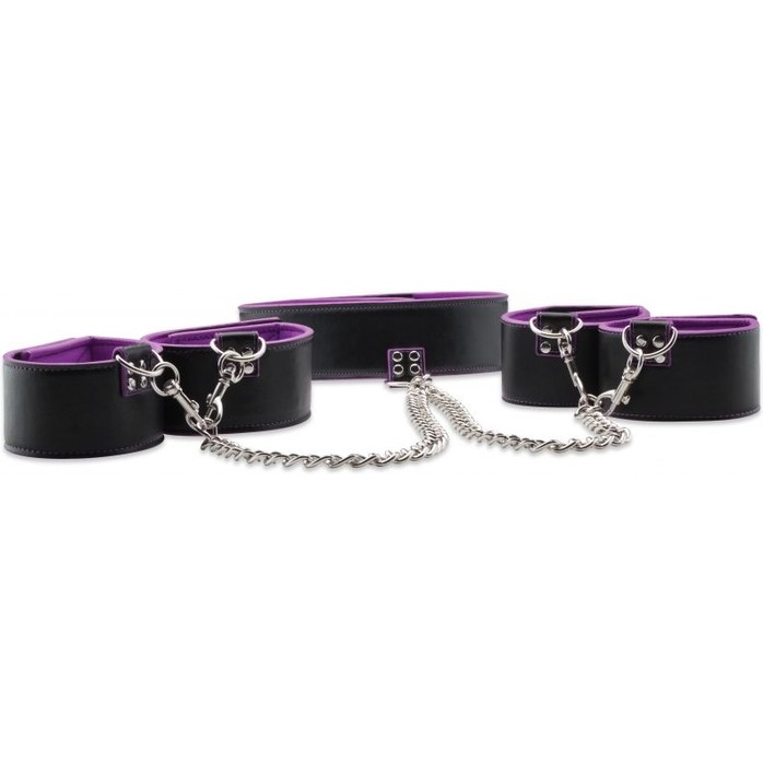 Чёрно-фиолетовый двусторонний комплект для бандажа Reversible Collar / Wrist / Ankle Cuffs - Ouch!. Фотография 3.