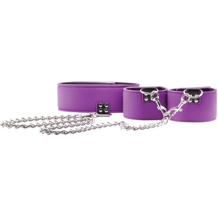 Чёрно-фиолетовый двусторонний ошейник с наручниками Reversible Collar and Wrist Cuffs - Ouch!. Фотография 3.