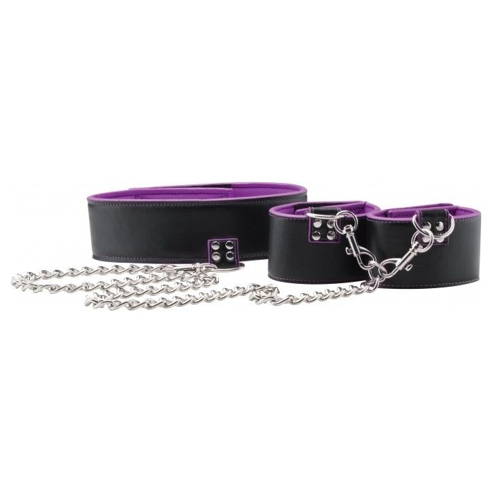 Чёрно-фиолетовый двусторонний ошейник с наручниками Reversible Collar and Wrist Cuffs - Ouch!. Фотография 4.