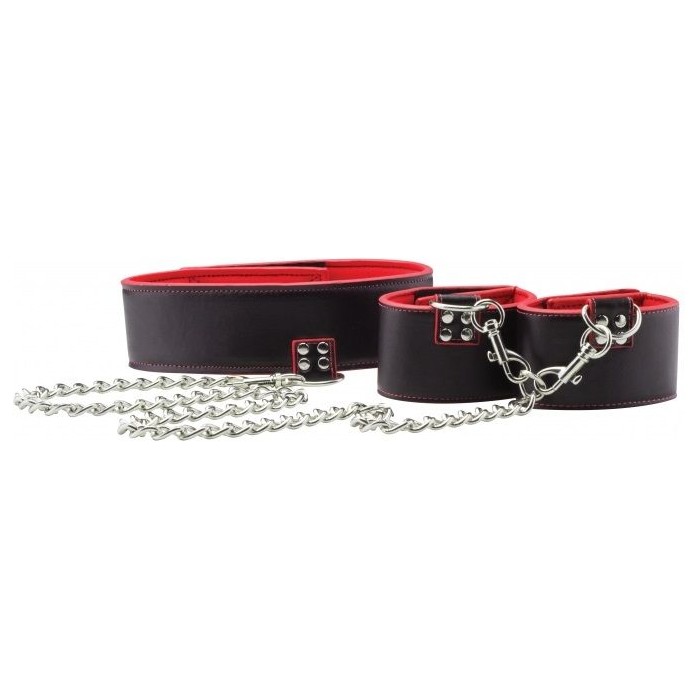 Чёрно-красный двусторонний ошейник с наручниками Reversible Collar and Wrist Cuffs - Ouch!. Фотография 4.
