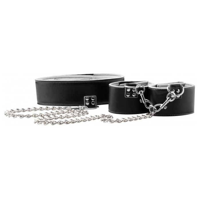Чёрно-белый двусторонний ошейник с наручниками Reversible Collar and Wrist Cuffs - Ouch!. Фотография 4.