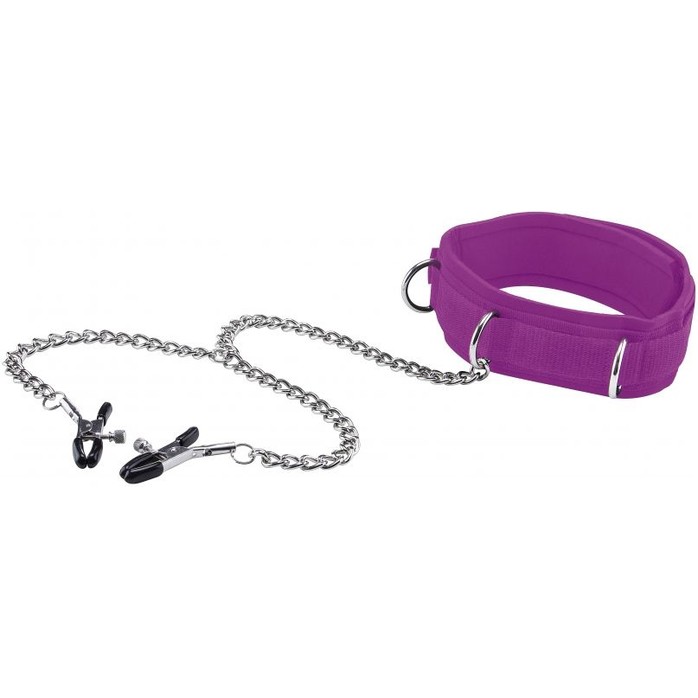 Фиолетовый воротник с зажимами для сосков Velcro Collar - Ouch!. Фотография 2.