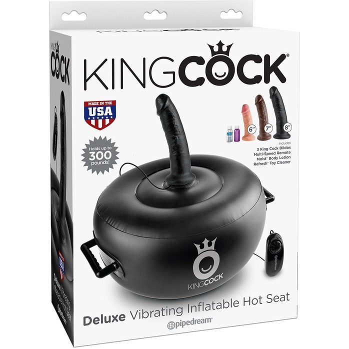 Чёрный надувной пуф с 3 сменными насадками разного цвета и размера Deluxe Vibrating Inflatable Hot Seat - King Cock. Фотография 2.