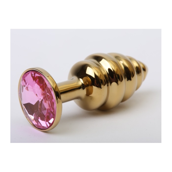 Золотистая ребристая анальная пробка с розовым стразом - 7,3 см