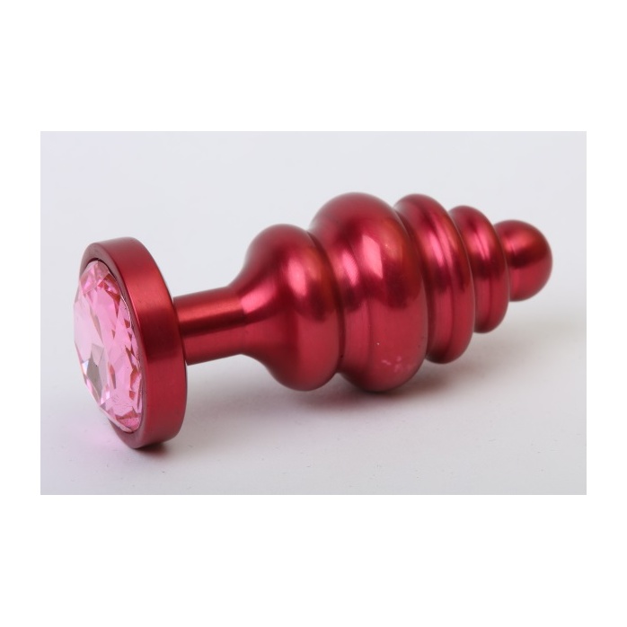 Красная ребристая анальная пробка с розовым стразом - 7,3 см