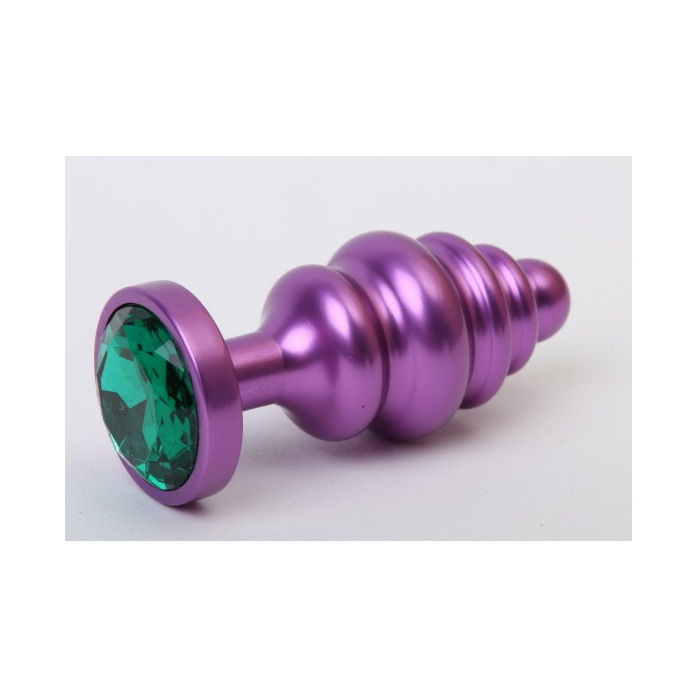 Фиолетовая ребристая анальная пробка с зеленым кристаллом - 7,3 см