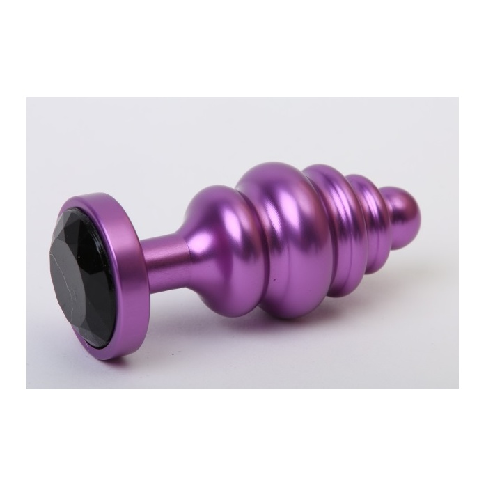 Фиолетовая ребристая анальная пробка с чёрным кристаллом - 7,3 см