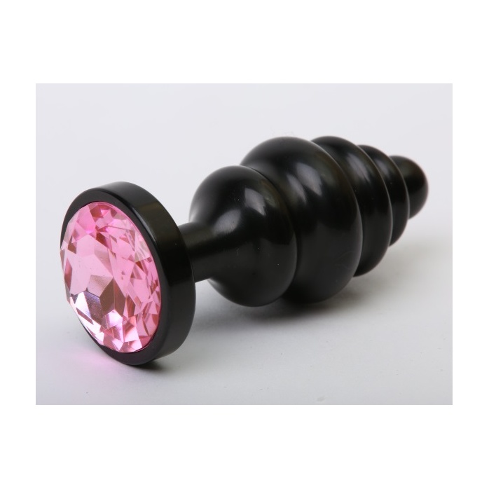 Чёрная ребристая анальная пробка с розовым кристаллом - 7,3 см