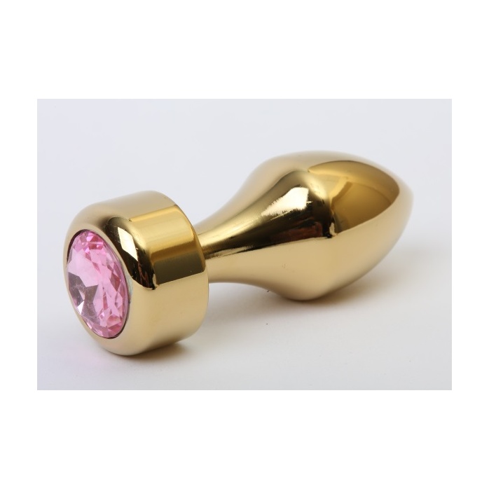 Золотистая анальная пробка с широким основанием и розовым кристаллом - 7,8 см