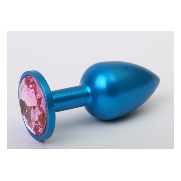 Синяя анальная пробка с розовым стразом - 7,6 см