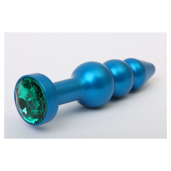 Синяя фигурная анальная пробка с зелёным кристаллом - 11,2 см