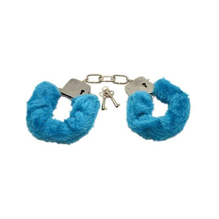 Металлические наручники с голубым мехом. Фотография 2.