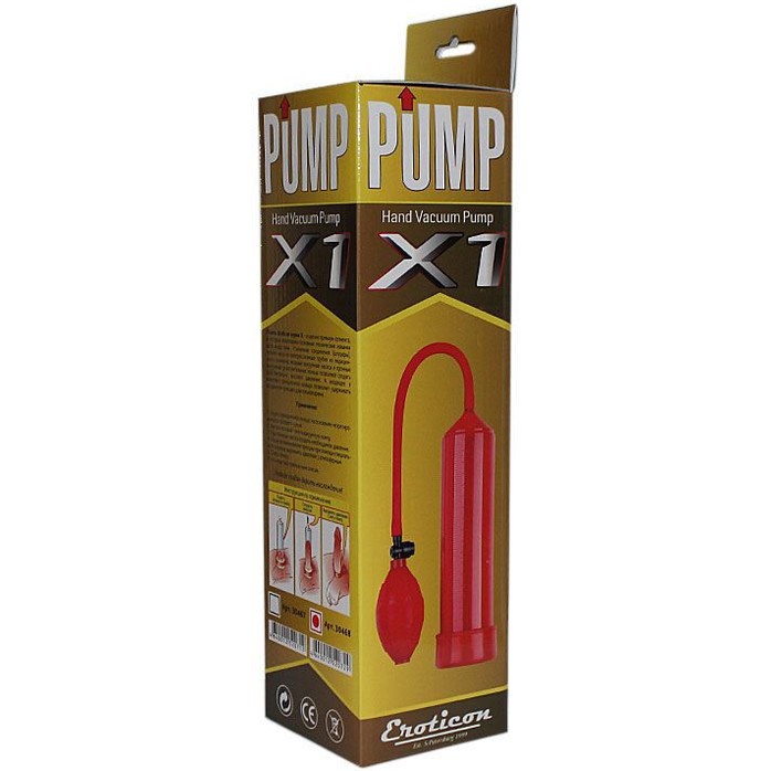 Красная вакуумная помпа Eroticon PUMP X1 с грушей. Фотография 3.