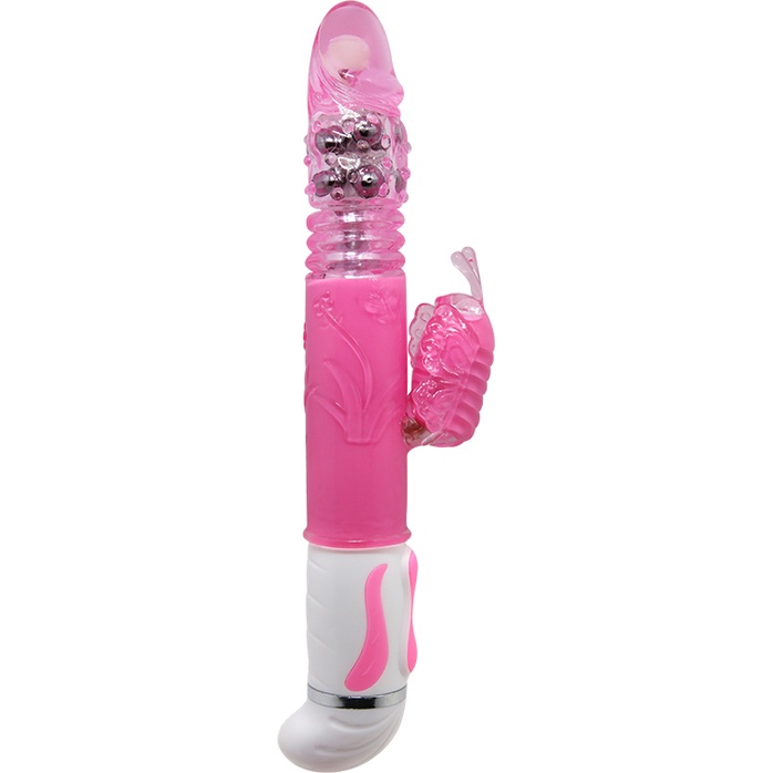 Розовый вибратор с вращением бусин и клиторальной бабочкой - 30 см. Фотография 2.