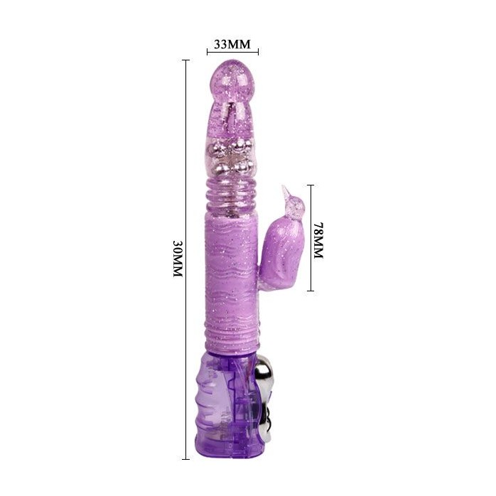 Фиолетовый вибратор-ротатор Amos с клиторальной птичкой - 30 см. Фотография 4.