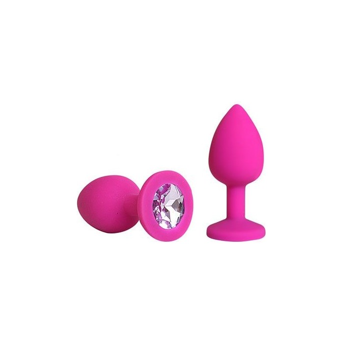 Розовая силиконовая пробка с фиолетовым кристаллом размера M - 8 см