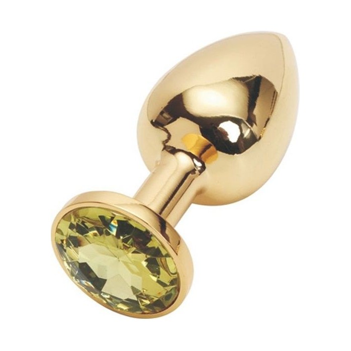 Золотистая анальная пробка с жёлтым кристаллом размера S - 7 см