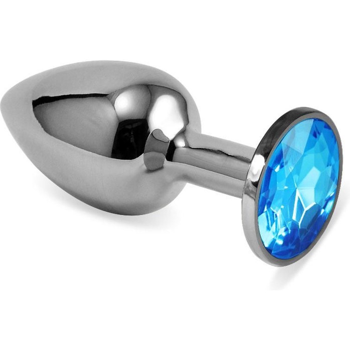 Серебристая анальная пробка с голубым кристаллом размера S - 7 см