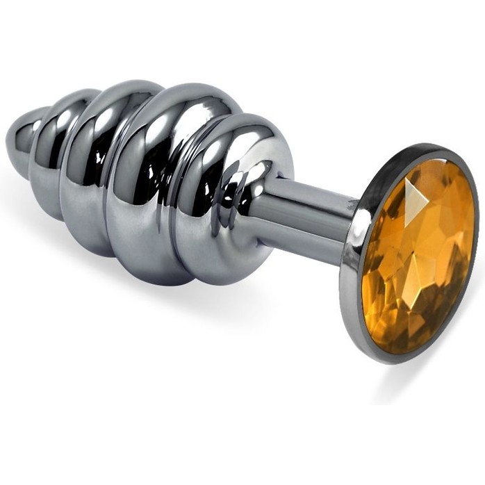 Серебристая ребристая пробка с жёлтым кристаллом размера M - 8,5 см