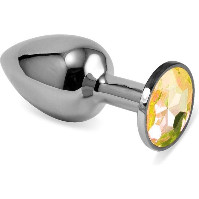 Серебристая анальная пробка с жёлтым кристаллом размера S - 7 см
