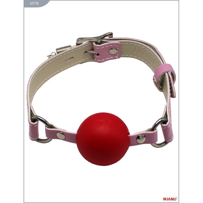 Красный пластиковый кляп-шар с фиксацией розовыми ремешками - MJANU