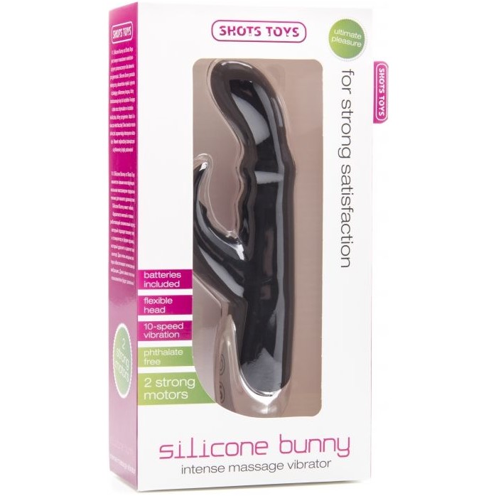 Чёрный вибратор Silicone Bunny с клиторальным отростком - 16,5 см - Shots Toys. Фотография 2.