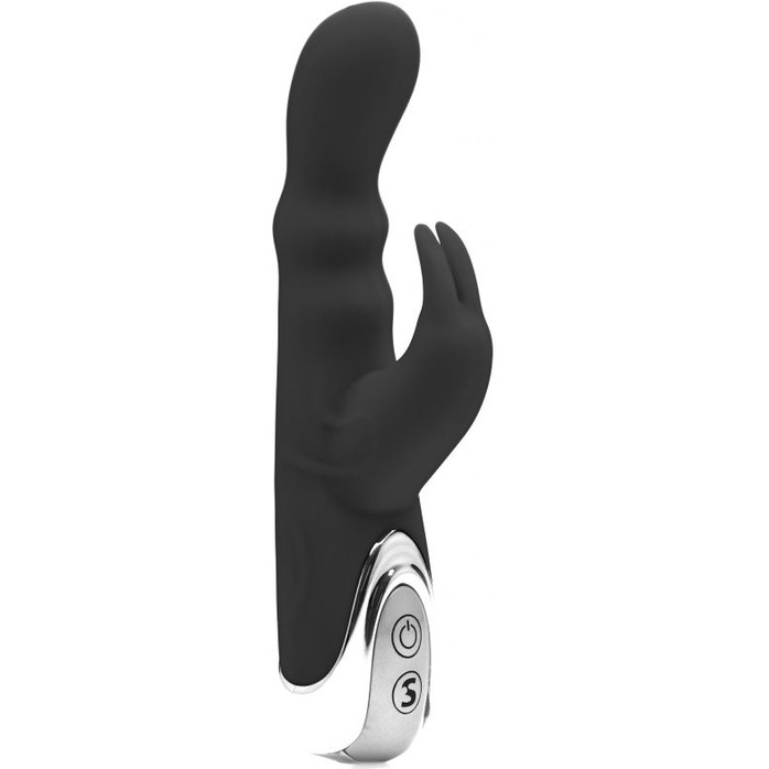Чёрный вибратор Silicone Bunny с клиторальным отростком - 16,5 см - Shots Toys