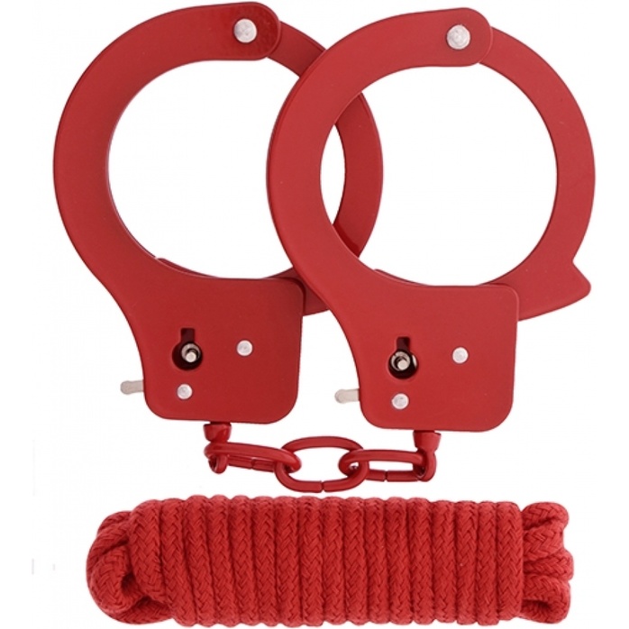 Красные наручники из листового металла в комплекте с веревкой BONDX METAL CUFFS LOVE ROPE SET - BondX