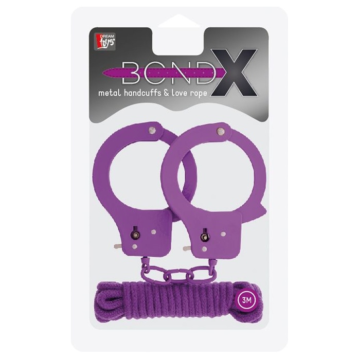 Фиолетовые наручники из листового металла в комплекте с веревкой BONDX METAL CUFFS LOVE ROPE SET - BondX. Фотография 2.