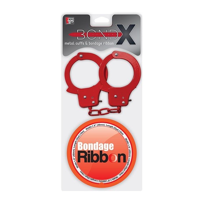 Набор для фиксации BONDX METAL CUFFS AND RIBBON: красные наручники из листового материала и липкая лента - BondX. Фотография 2.