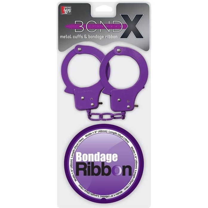 Набор для фиксации BONDX METAL CUFFS AND RIBBON: фиолетовые наручники из листового материала и липкая лента - BondX. Фотография 3.
