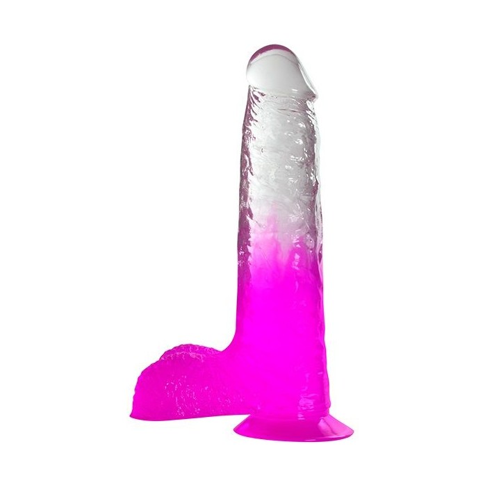 Фиолетовый фаллоимитатор с мошонкой, прозрачным стволом и присоской - 17,8 см - Jelly Joy