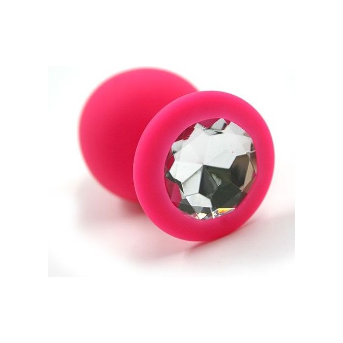 Розовая силиконовая анальная пробка с прозрачным кристаллом - 8,3 см - Kanikule anal plugs