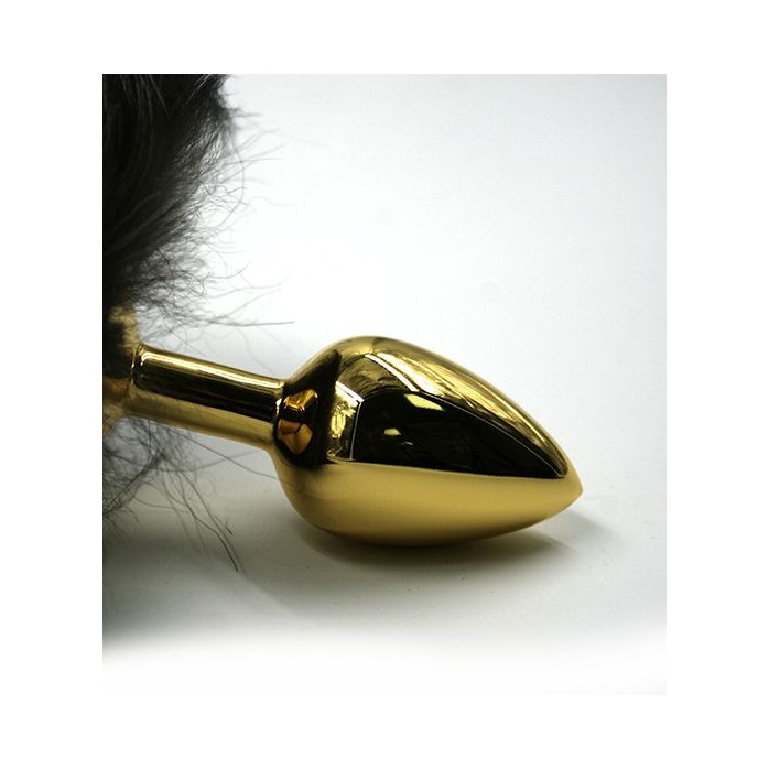 Золотистая алюминиевая анальная пробка с чёрным хвостом из натурального меха - Kanikule anal plugs. Фотография 3.