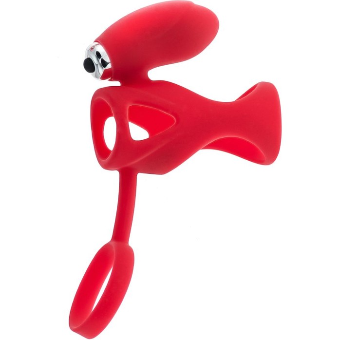 Красная насадка на пенис с клиторальным стимулятором - Black Red. Фотография 2.