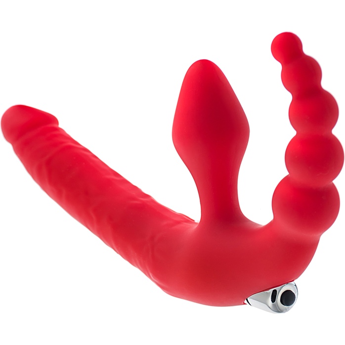 Красный безремневой страпон с вибрацией и анальным отростком - Black Red. Фотография 2.