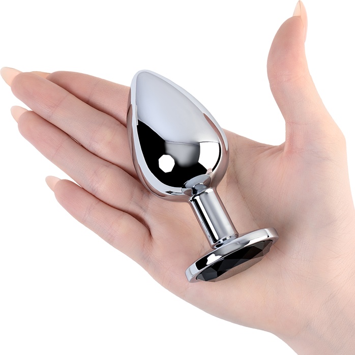 Серебристая анальная втулка с чёрным кристаллом - 9,5 см - Metal. Фотография 2.