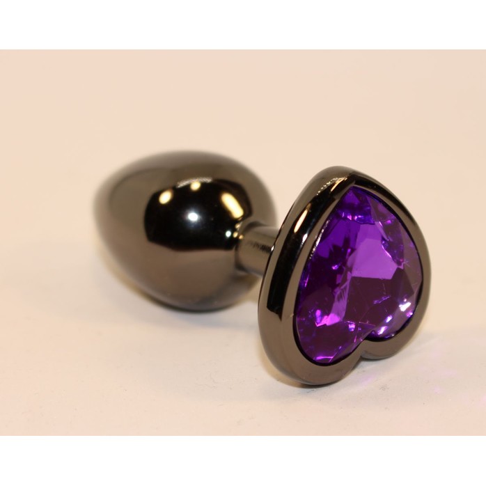 Чёрная анальная пробка с фиолетовым кристаллом-сердцем - 8 см