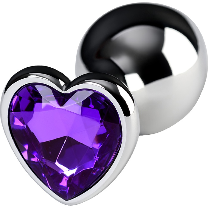 Серебристая анальная втулка с фиолетовым стразом-сердцем - 9,5 см - Metal. Фотография 3.