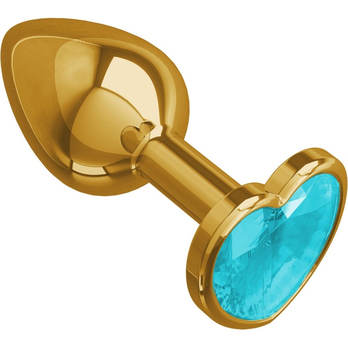 Золотистая анальная втулка с голубым кристаллом-сердцем - 7 см - Анальные втулки с кристаллом. Фотография 2.