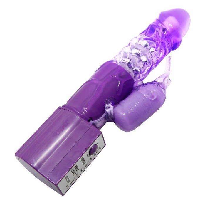 Фиолетовый вибратор с бусинами и клиторальным отростком - 24 см. Фотография 3.