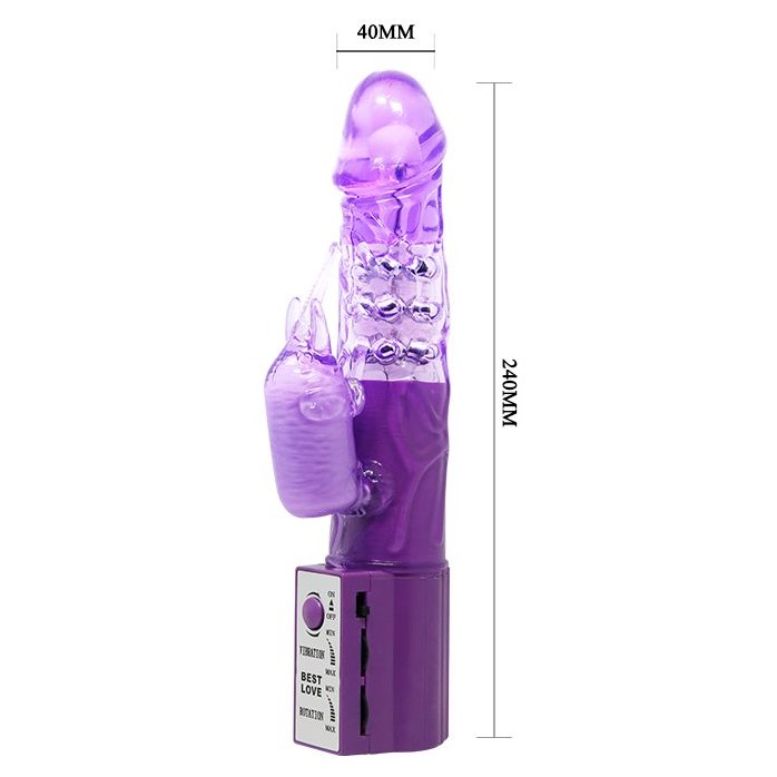 Фиолетовый вибратор с бусинами и клиторальным отростком - 24 см. Фотография 4.