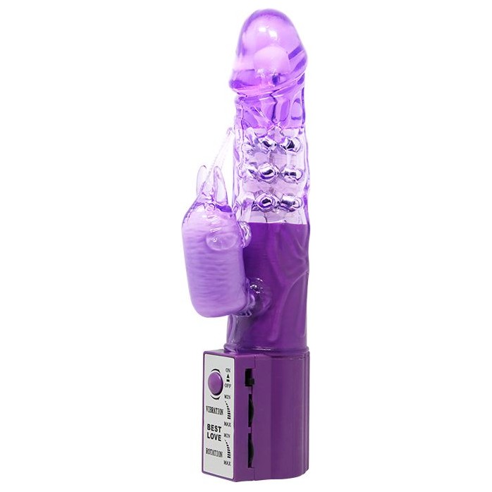 Фиолетовый вибратор с бусинами и клиторальным отростком - 24 см