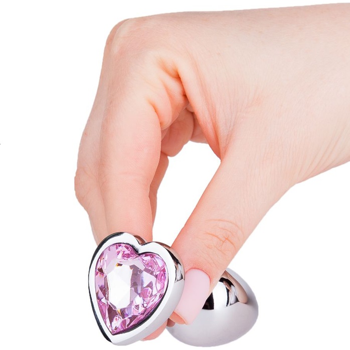 Серебристая анальная втулка с розовым кристаллом-сердцем - 7 см - Анальные втулки с кристаллом. Фотография 4.