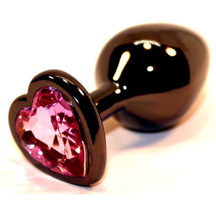Чёрная анальная пробка с розовым стразом-сердцем - 8 см. Фотография 2.